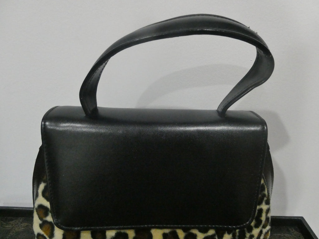 Unbranded Women Black Velour/Leather Leopard Print 2 compartments Purce Handbag