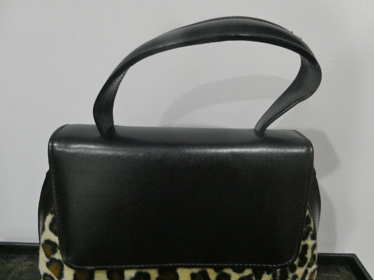 Unbranded Women Black Velour/Leather Leopard Print 2 compartments Purce Handbag