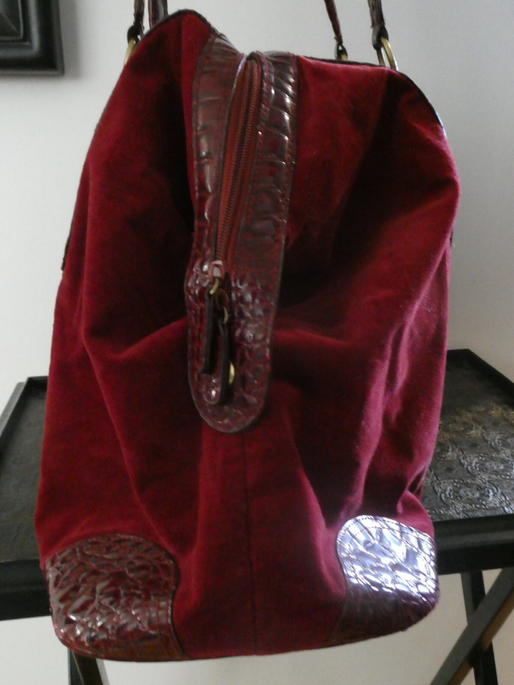 Unbranded Women's Burgundy Velour/Leather Xlarge Bag