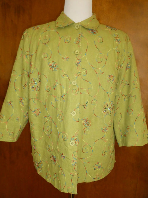 Anne Carson Women’s Lined Lime Green Linen/Rayon Beaded Embroidered Blazer 2X