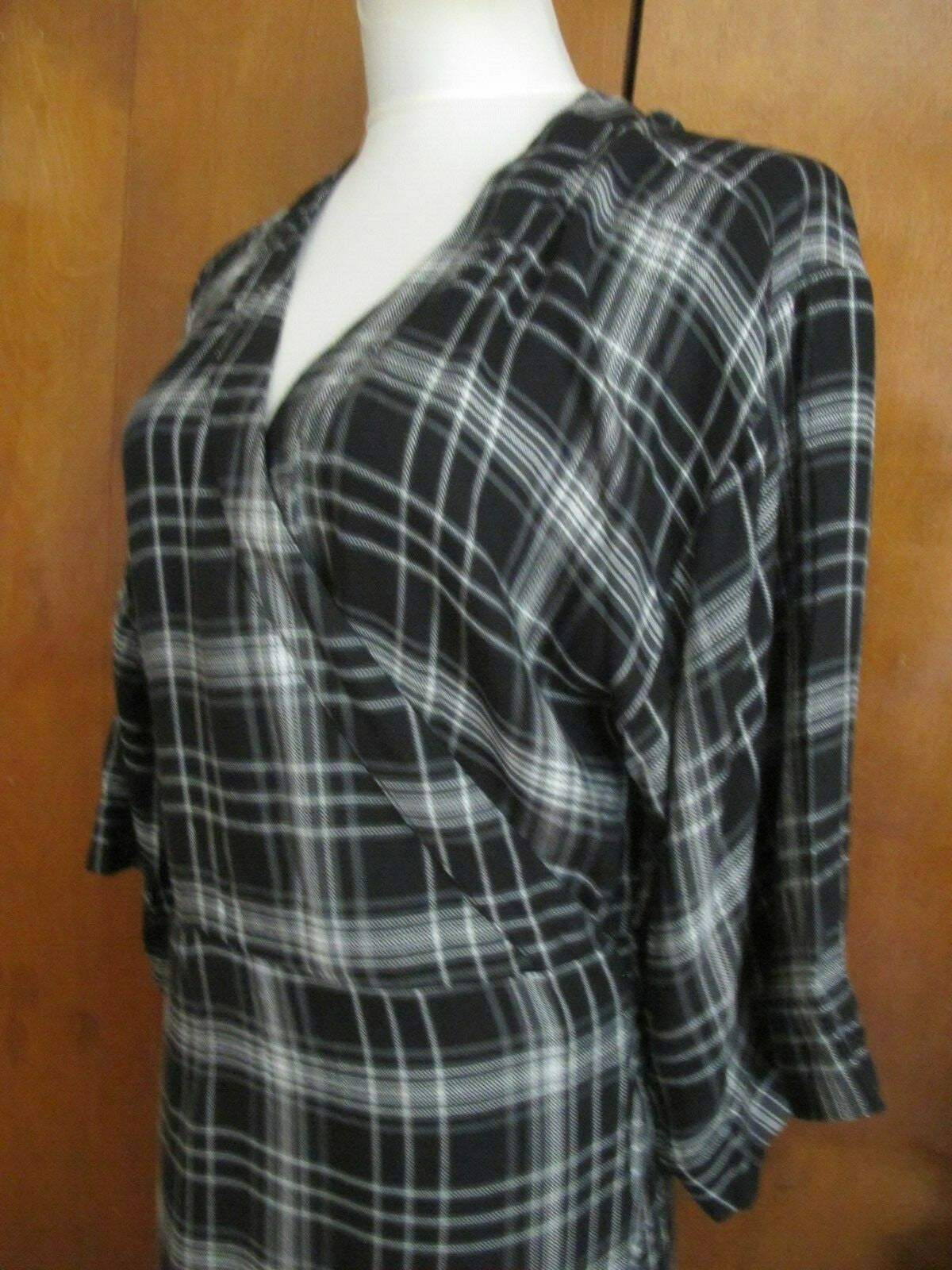Gap Women's Black Plaid 3/4 Sleeves Tie-Waist Midi Wrap Dress Tall Large 