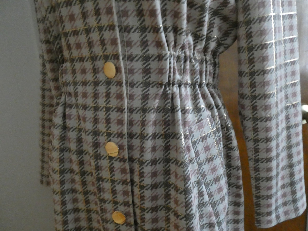 Aliceblue Women’s Plaid Long Jacket Coat Gray Pink Gold Snap Stretch Size Small