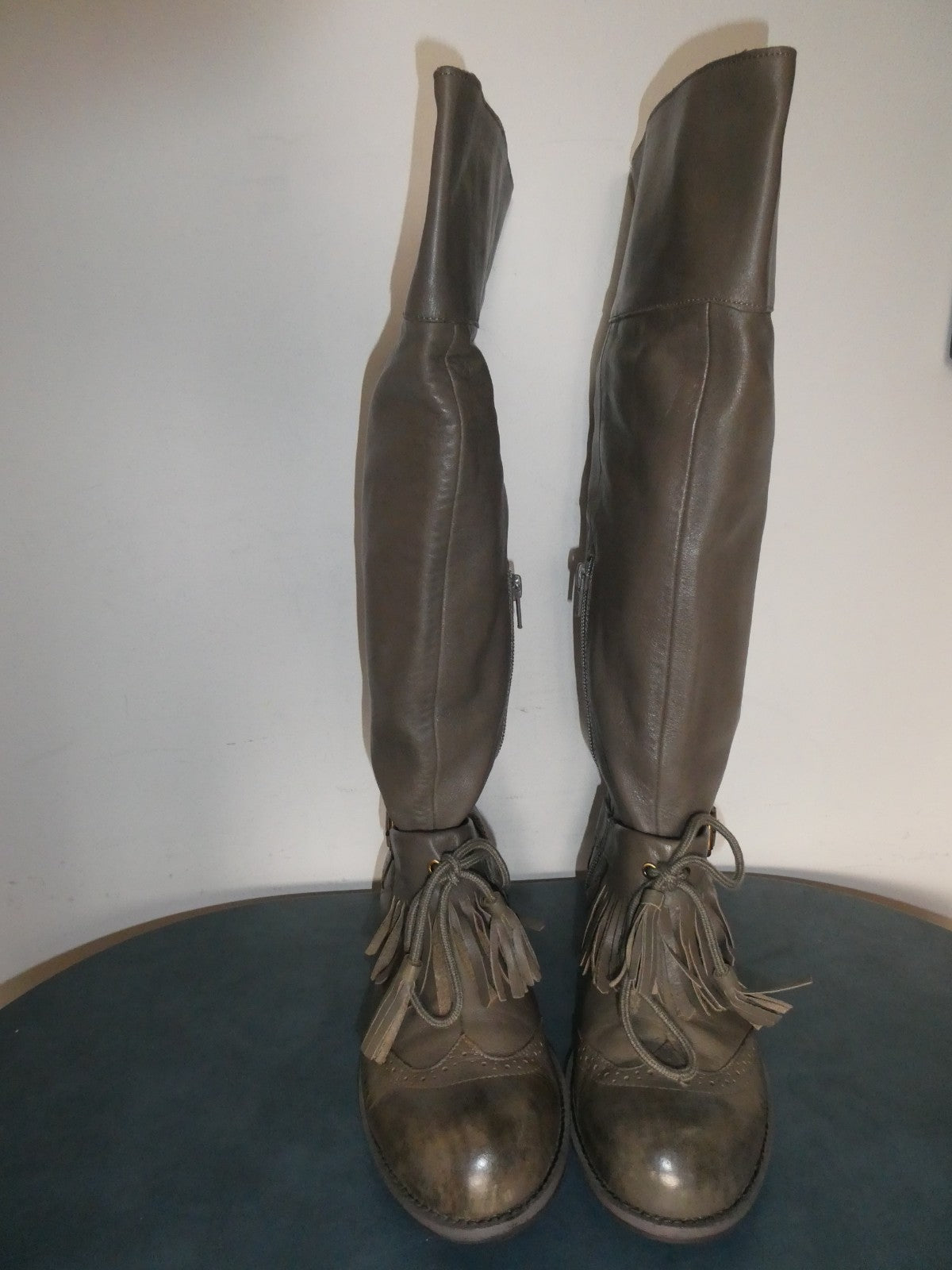 Lucky Penny Tall Fringe Boots Women’s 7.5B Gray Taupe Leather Knee High Boho
