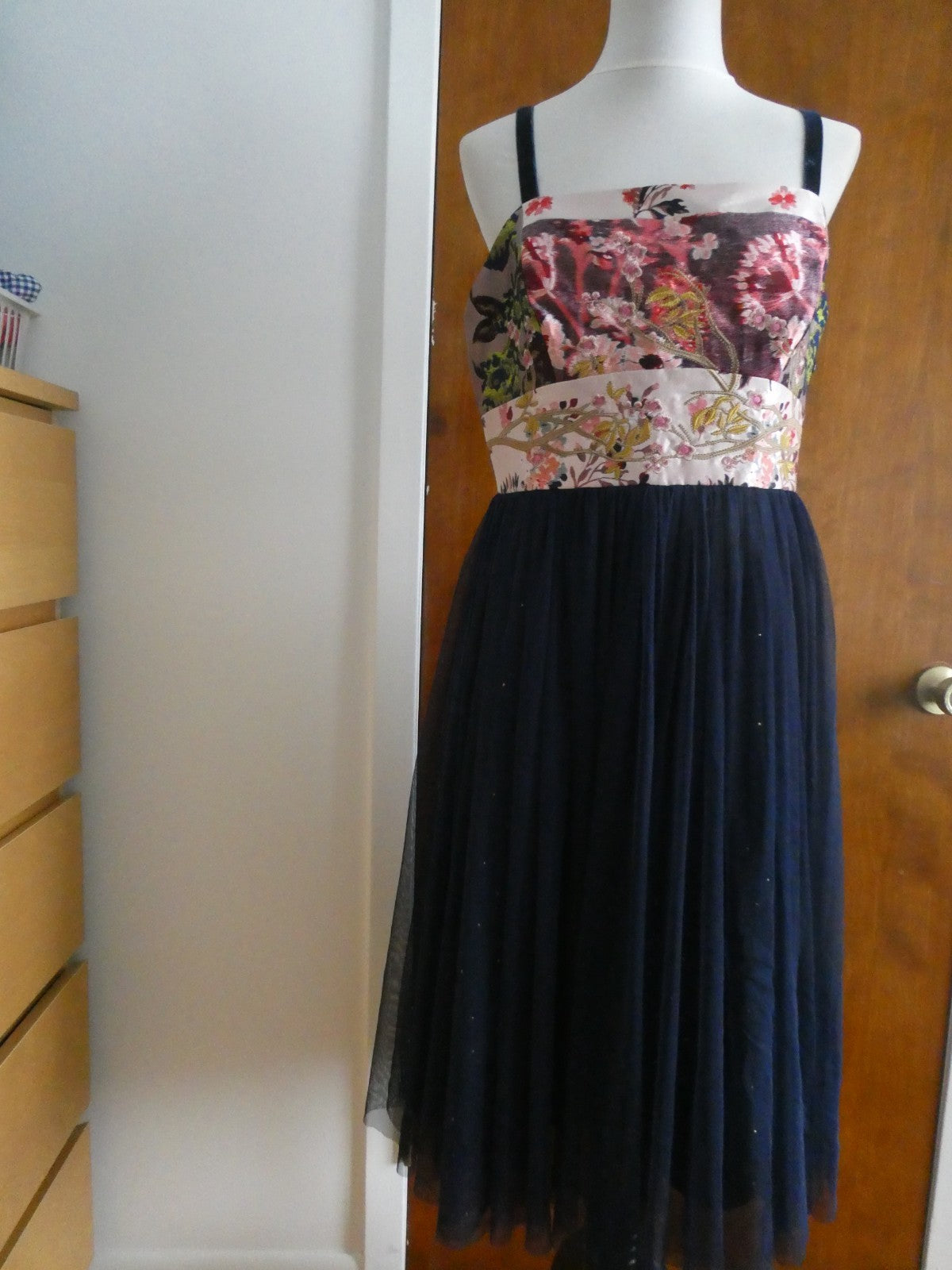 Anthropologie Moulinette Soeurs Navy Floral Tulle Evening Dress Prom Graduation