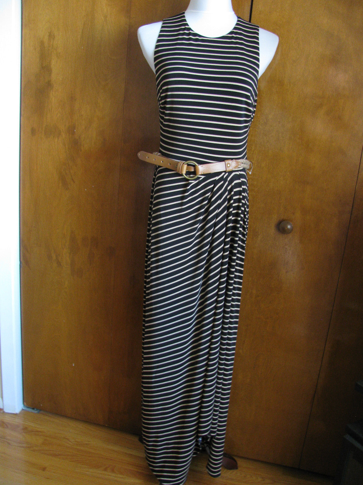 Ralph Lauren Women's Black Tan Striped Maxi Dress New
