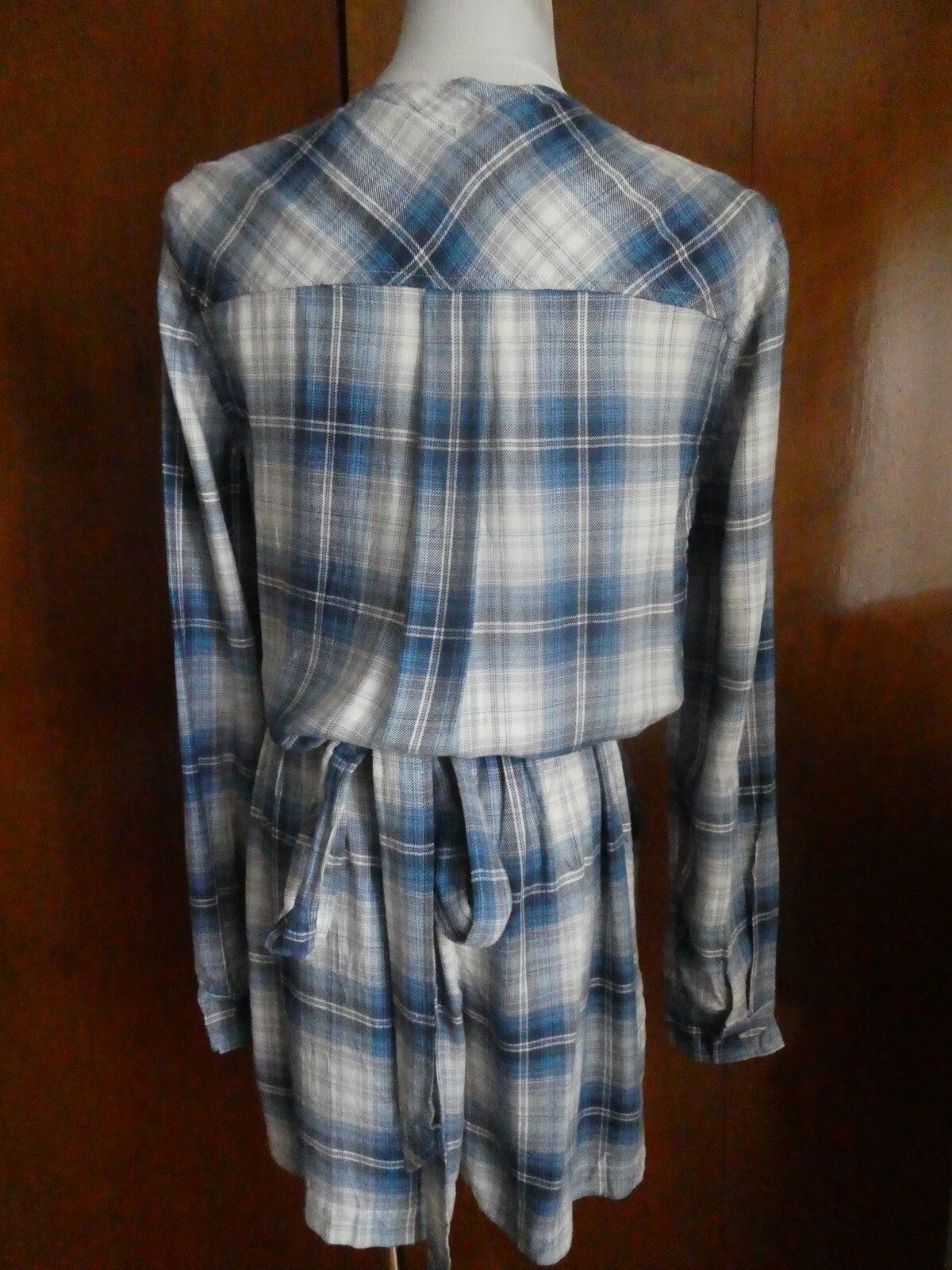 Gap Women’s Long Sleeve Blue Plaid Flannel Romper Wrap Front 