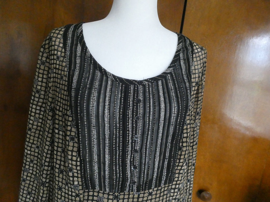 Sigrid Olsen Graphic Designer Blouse Women 12 Black Sheer Geometric Boho Top