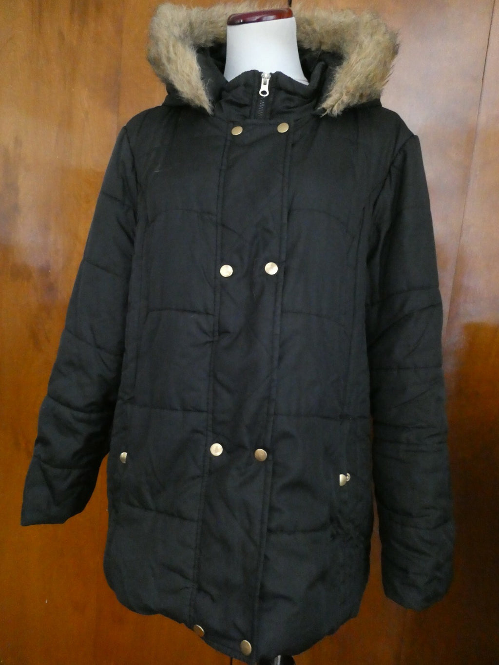 Krush Women's Black Faux Fur Lined Puffer Winter Hooded Detailed Jacket Coat XL