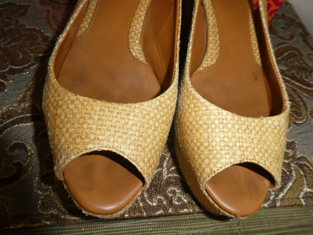 Tory Burch Textile Upper Leather Wedge Sandal Beige Size 7M