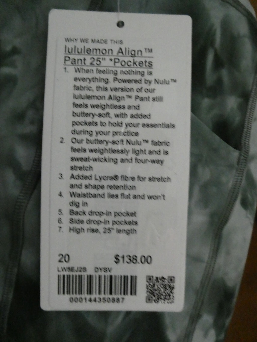 Lululemon Align Pant 25" Green Print Yoga Legging with Side Pockets Size 20