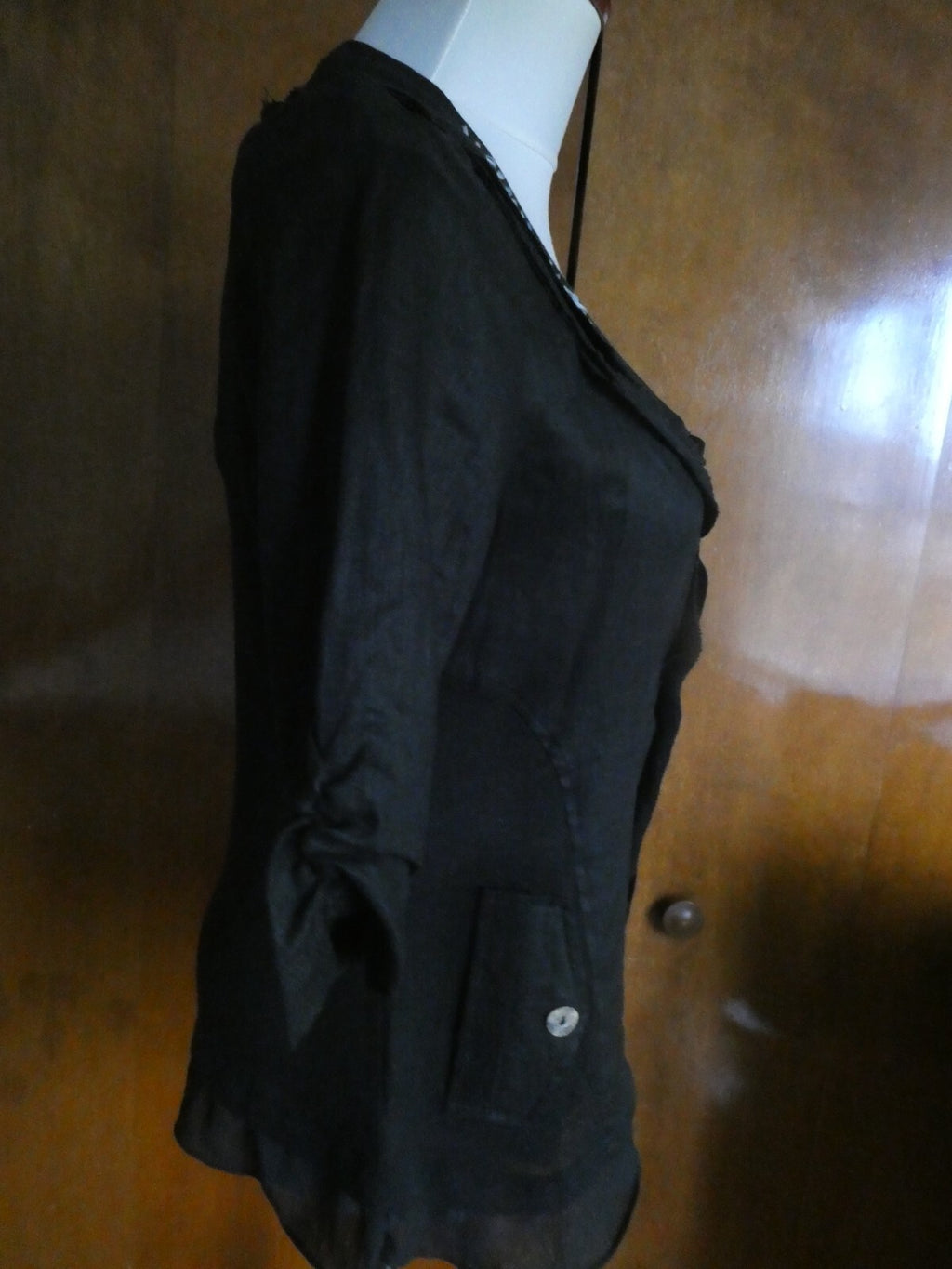 Pink Phoenix Women Black 100% Linen Small 3/4 Sleeve, Button Up, Semi Sheer Top