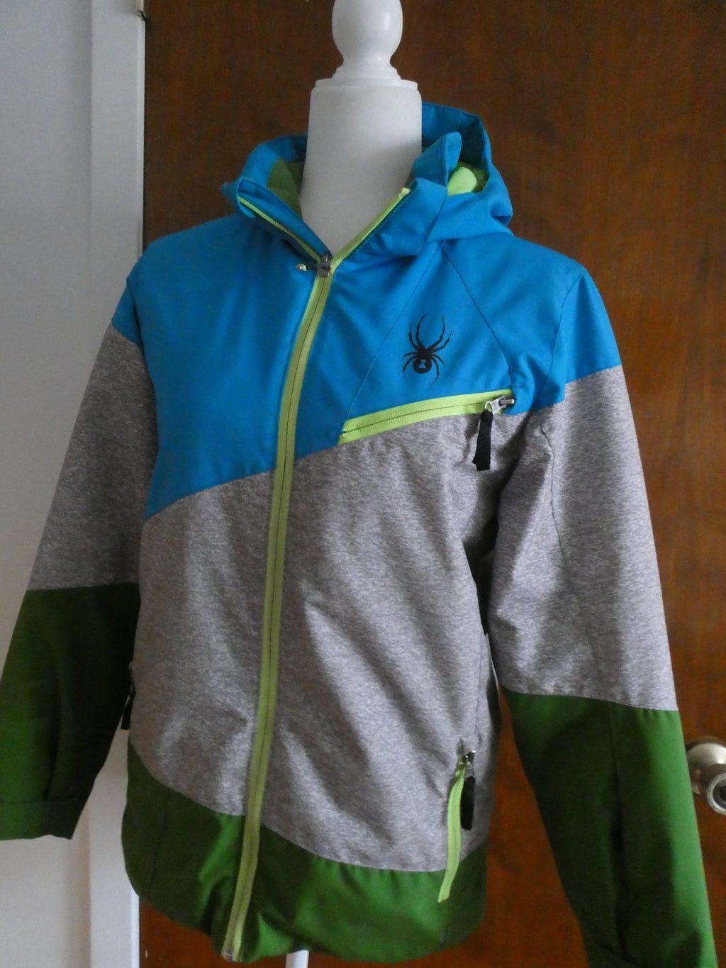 Spyder Kids Sz 16 Ski Jacket Blue Gray Green Hooded 3M Thinsulate Insulated Coat