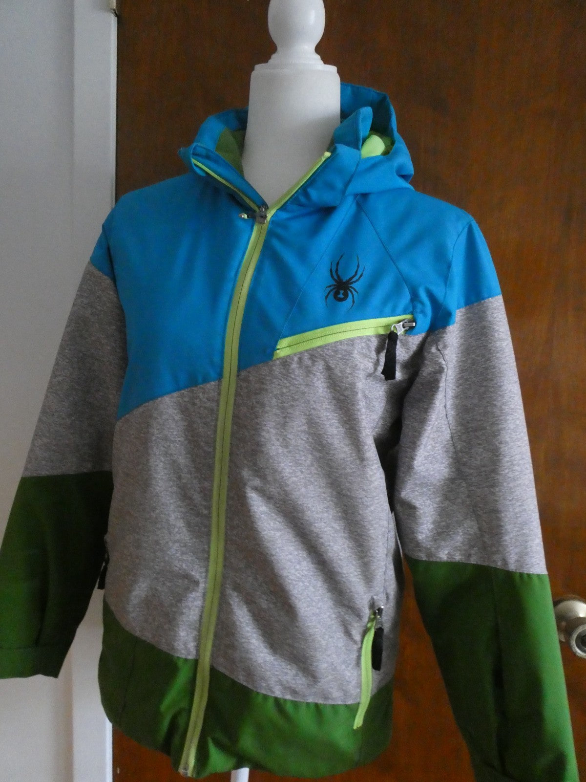 Spyder Kids Sz 16 Ski Jacket Blue Gray Green Hooded 3M Thinsulate Insulated Coat