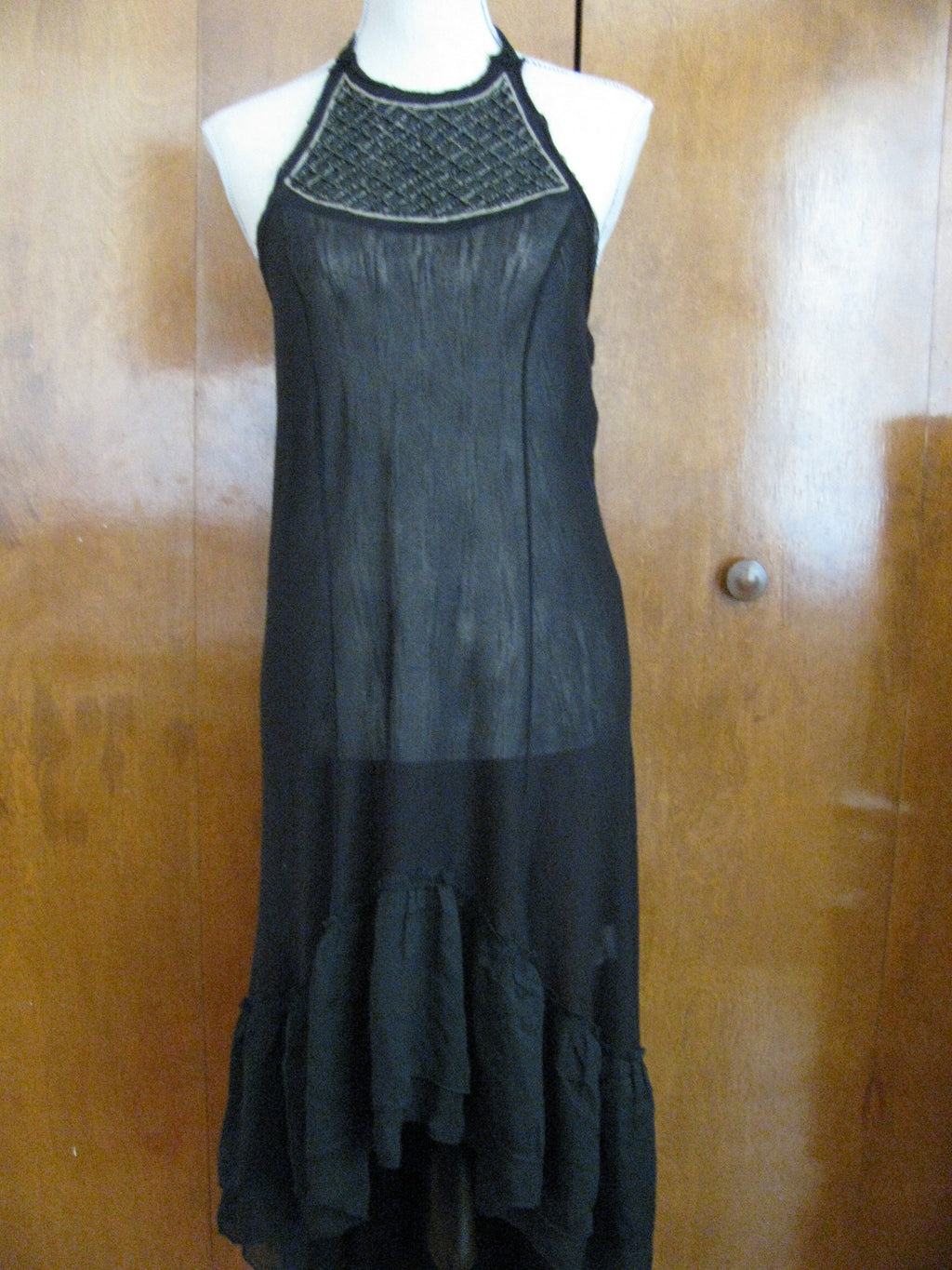 Free People women's black soft rayon halter mesh bead detailed NWT dress Medium 