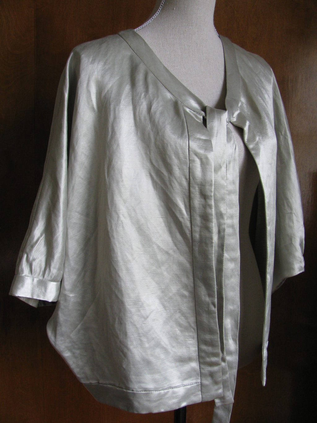 ANTHROPOLOGIE ELEVENSES SILVER SATIN TIE DOLMAN JACKET TOP New