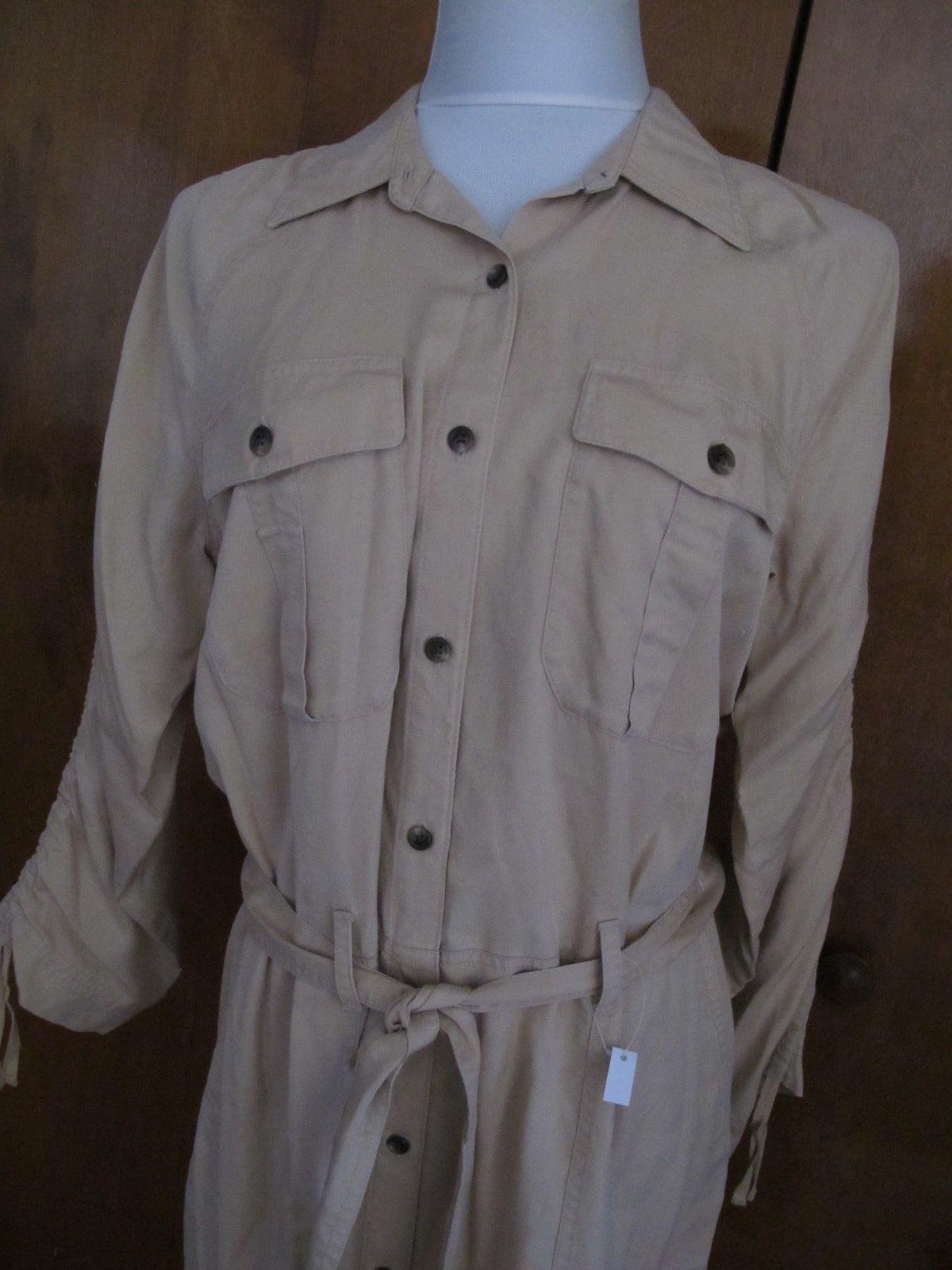 Lauren Ralph women beige ruched sleeve button down shirt dress New