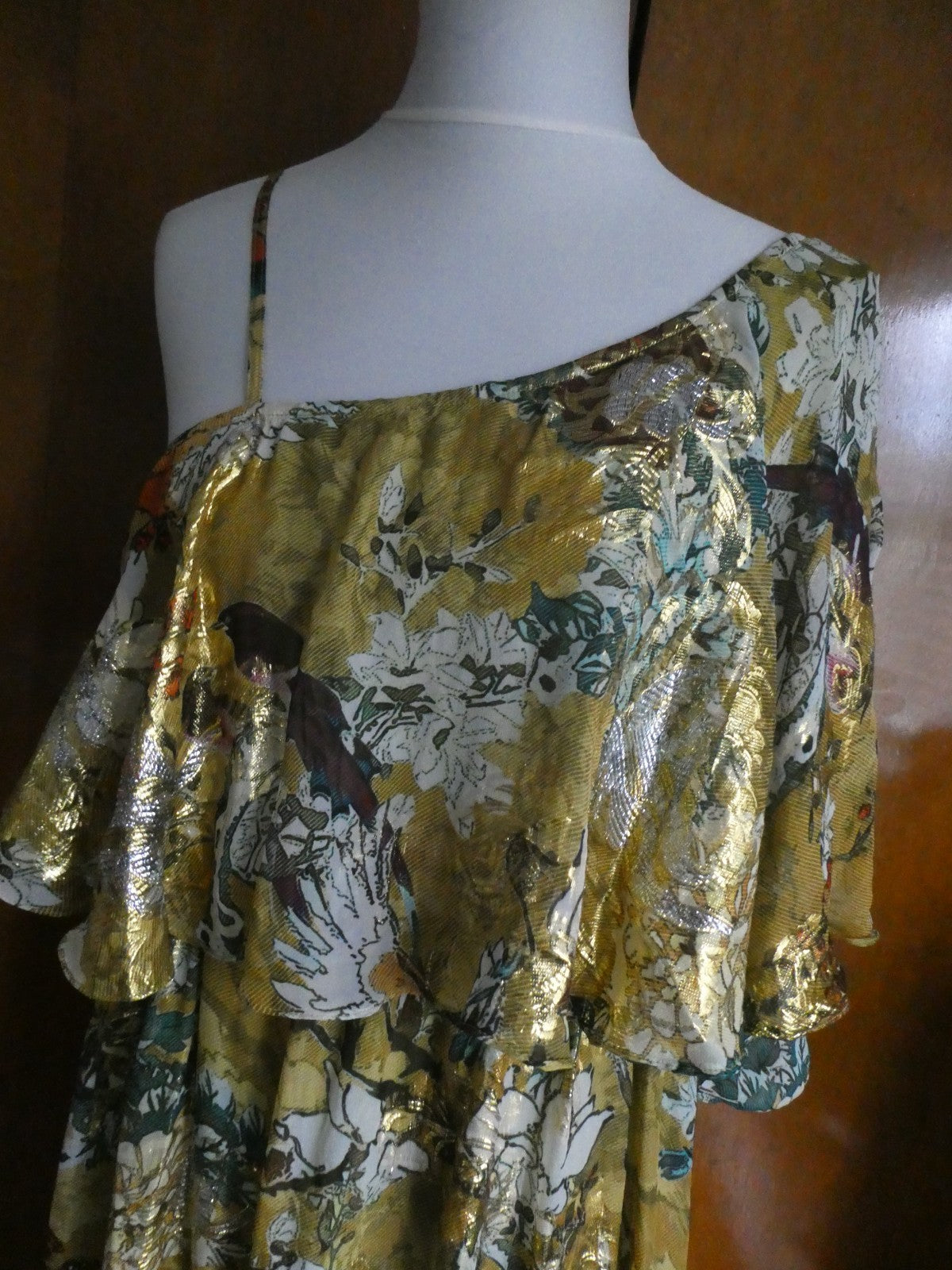 Anthropologie Hemant & Nandita Silk One Shoulder Dress Gold Floral Large $298