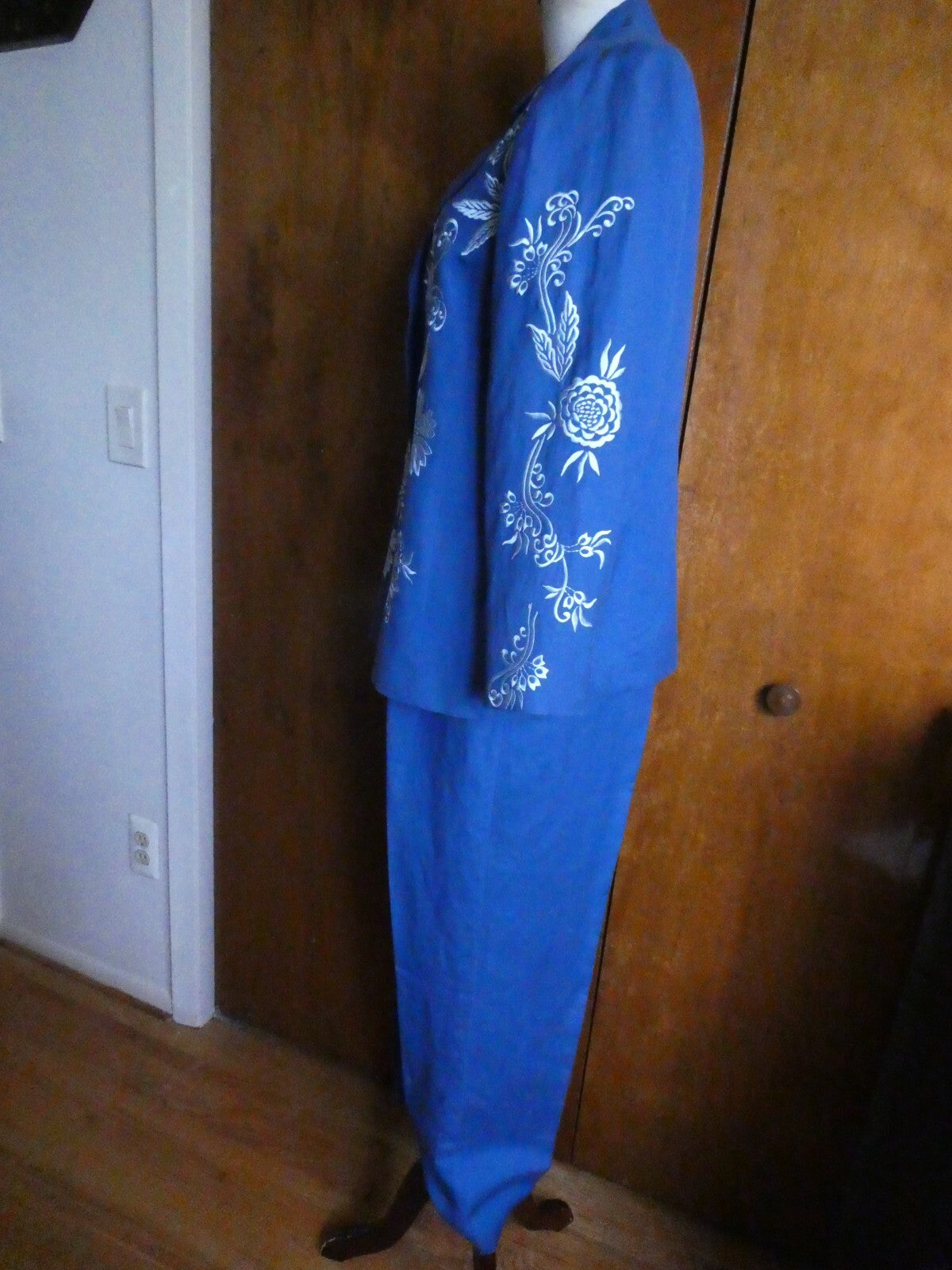 Victor Costa Women Pant Suit Blue with Embroidery Details Linen/Rayon Size Large