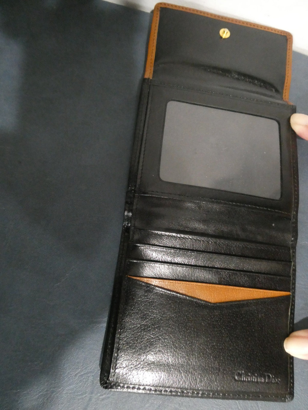 Vintage Christian Dior Leather Wallet Black Bifold Gold Frame Coin Purse