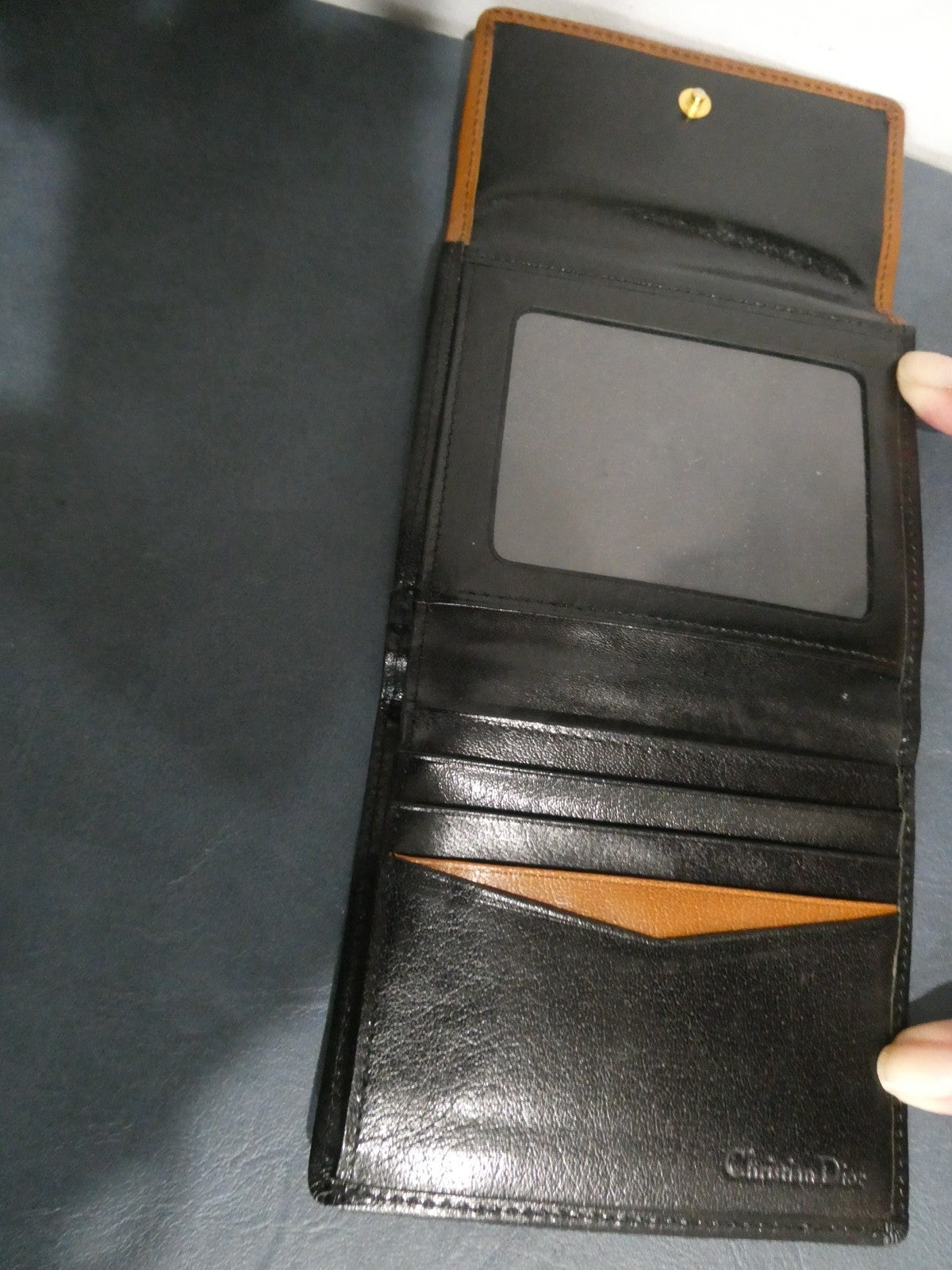 Vintage Christian Dior Leather Wallet Black Bifold Gold Frame Coin Purse