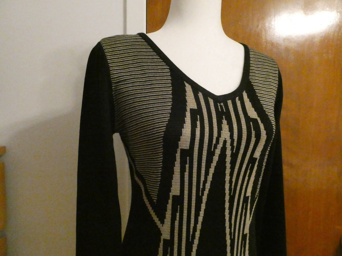 Ivanka Trump Sweater Knit Dress Women Black Beige Geometric Long Sleeve Bodycon