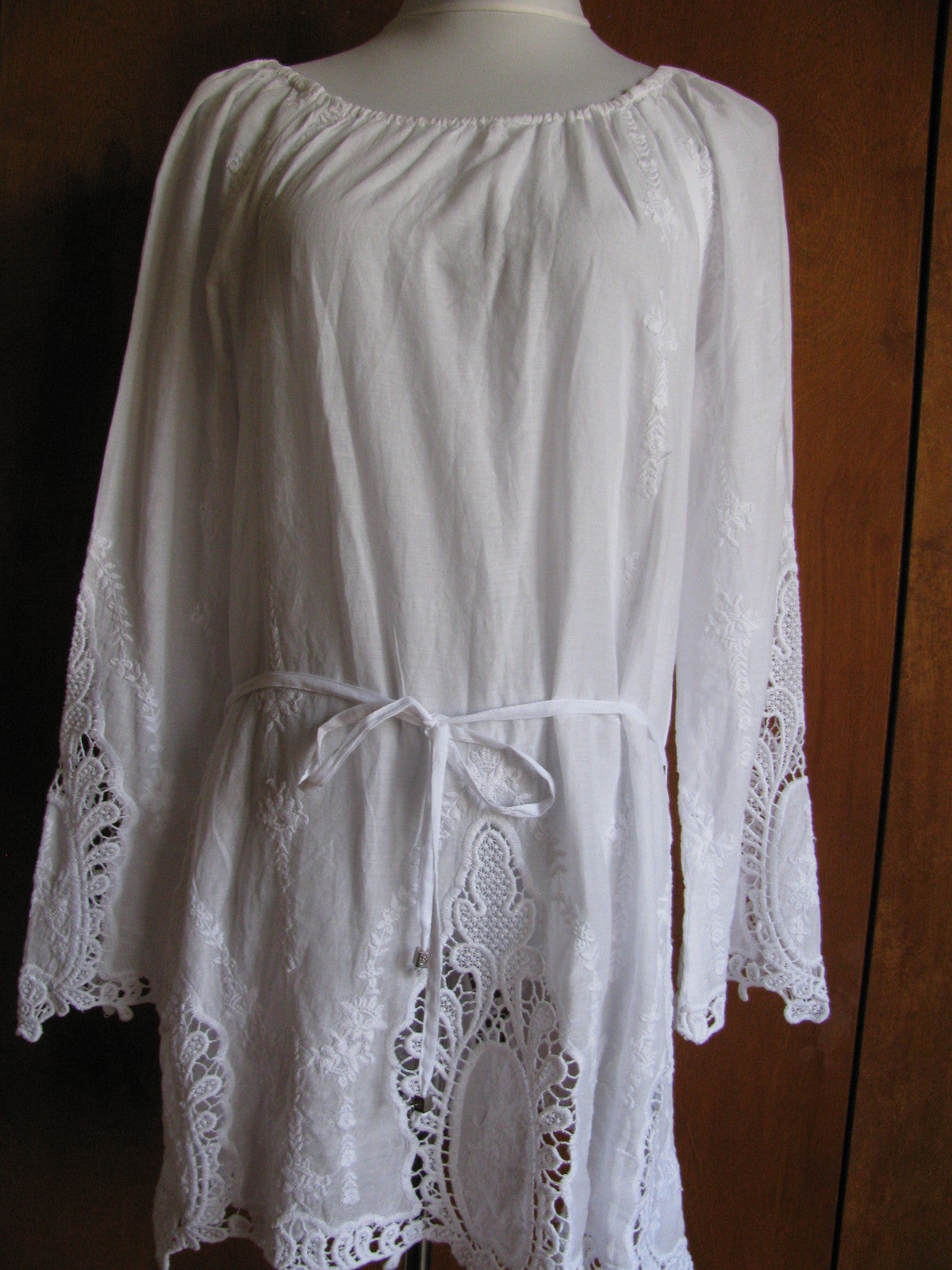 Michael Kors women's white embroidered cotton mini long sleeves dress New