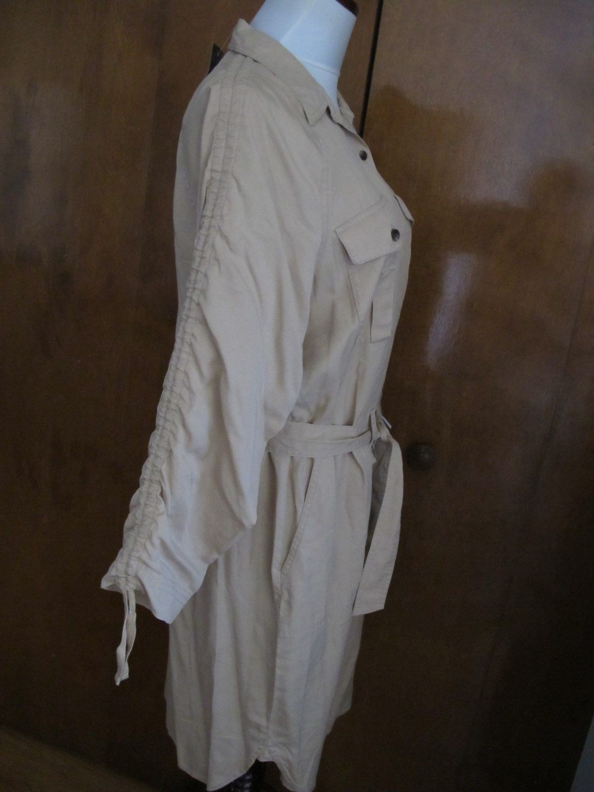 Lauren Ralph women beige ruched sleeve button down shirt dress New