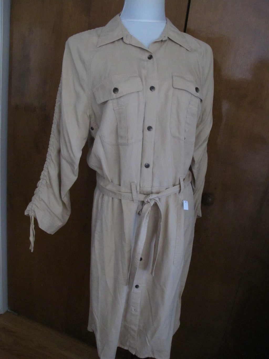 Lauren Ralph women beige ruched sleeve button down shirt dress New