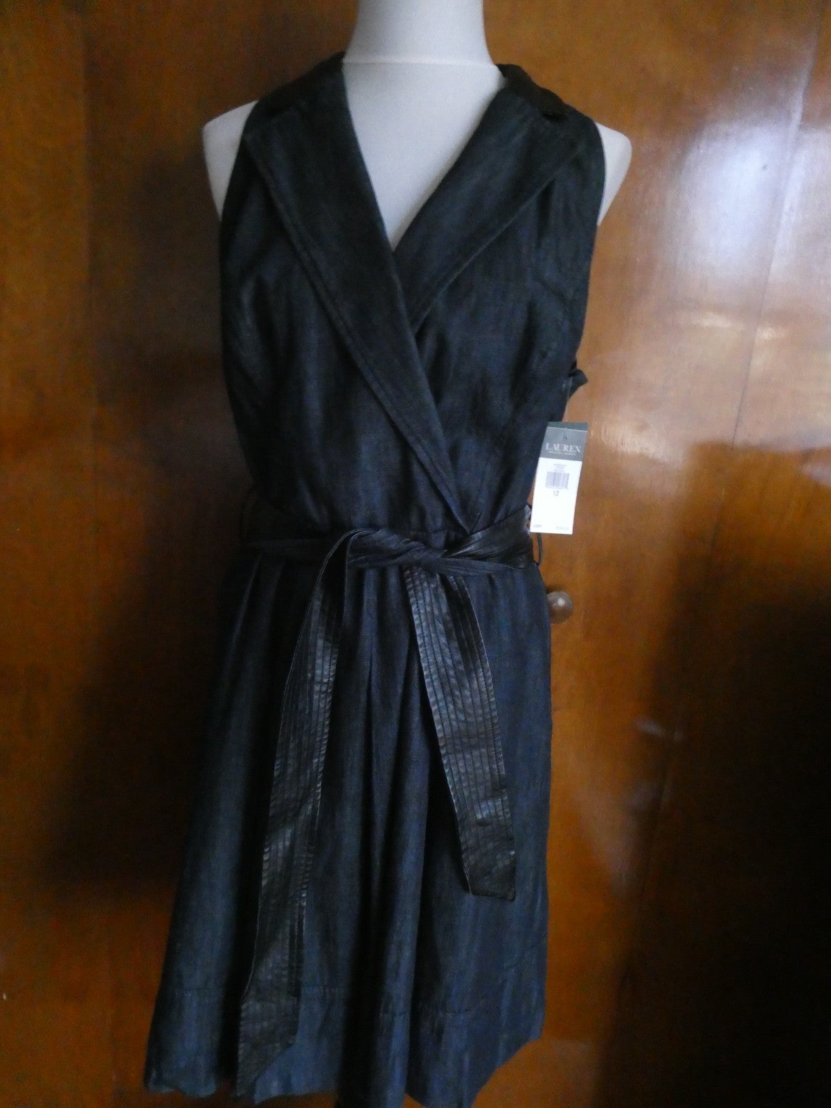 Lauren Ralph Lauren Dress Sz 12 Black Sleeveless Belted Leather Trim A-Line NWT