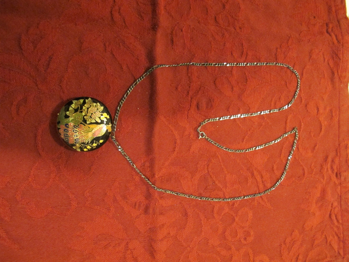 Vintage Oriental round women's black pendant on black silver chain