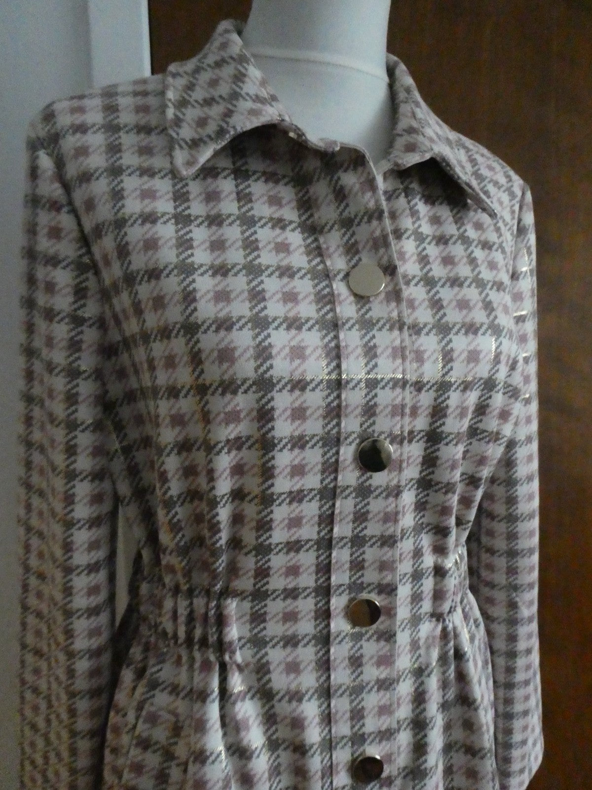 Aliceblue Women’s Plaid Long Jacket Coat Gray Pink Gold Snap Stretch Size Small