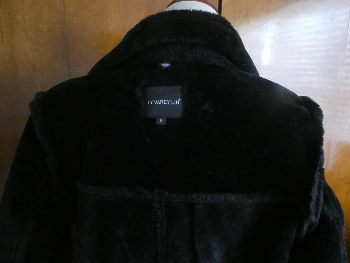 LY VAREY LIN Women's Black Faux Shearing Lined Warm Winter Moto Jacket Small