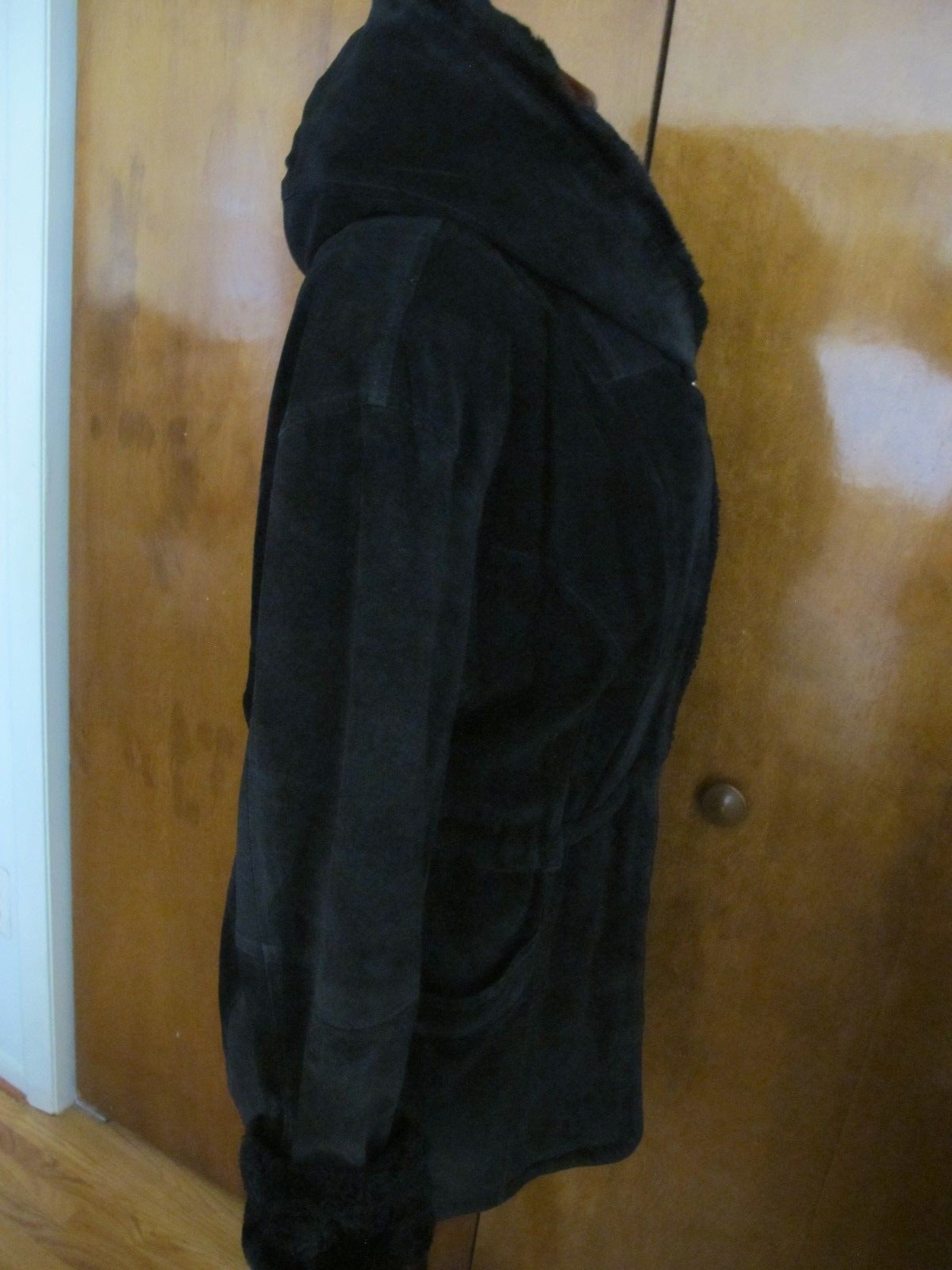 Women's Otello Pelle Black Hooded Cuir Leather Winter Coat Medium