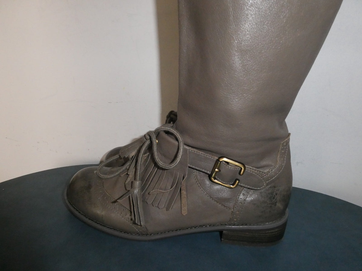 Lucky Penny Tall Fringe Boots Women’s 7.5B Gray Taupe Leather Knee High Boho