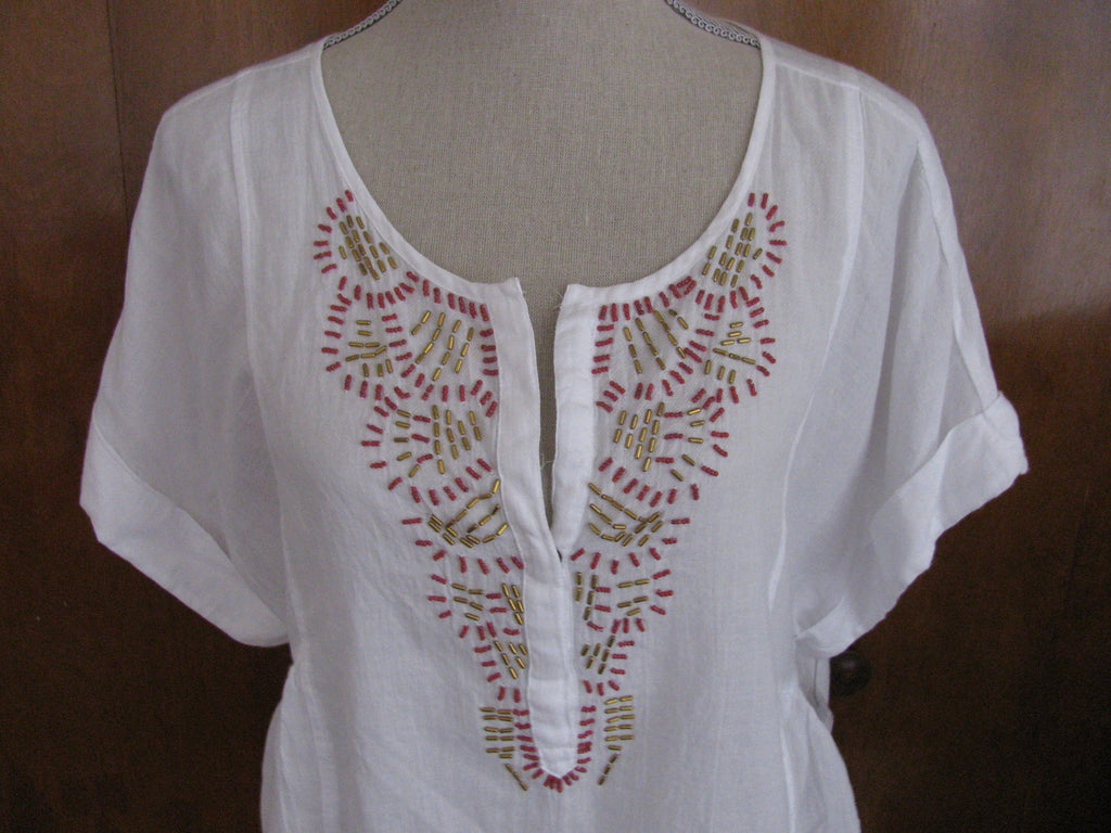 New Calvin Klein Jeans women's white soft cotton beads decorated top Size PLarge