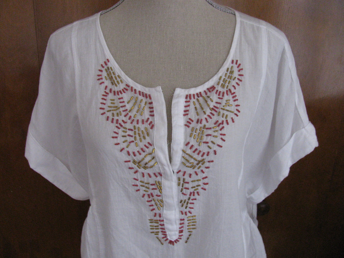 New Calvin Klein Jeans women's white soft cotton beads decorated top Size PLarge