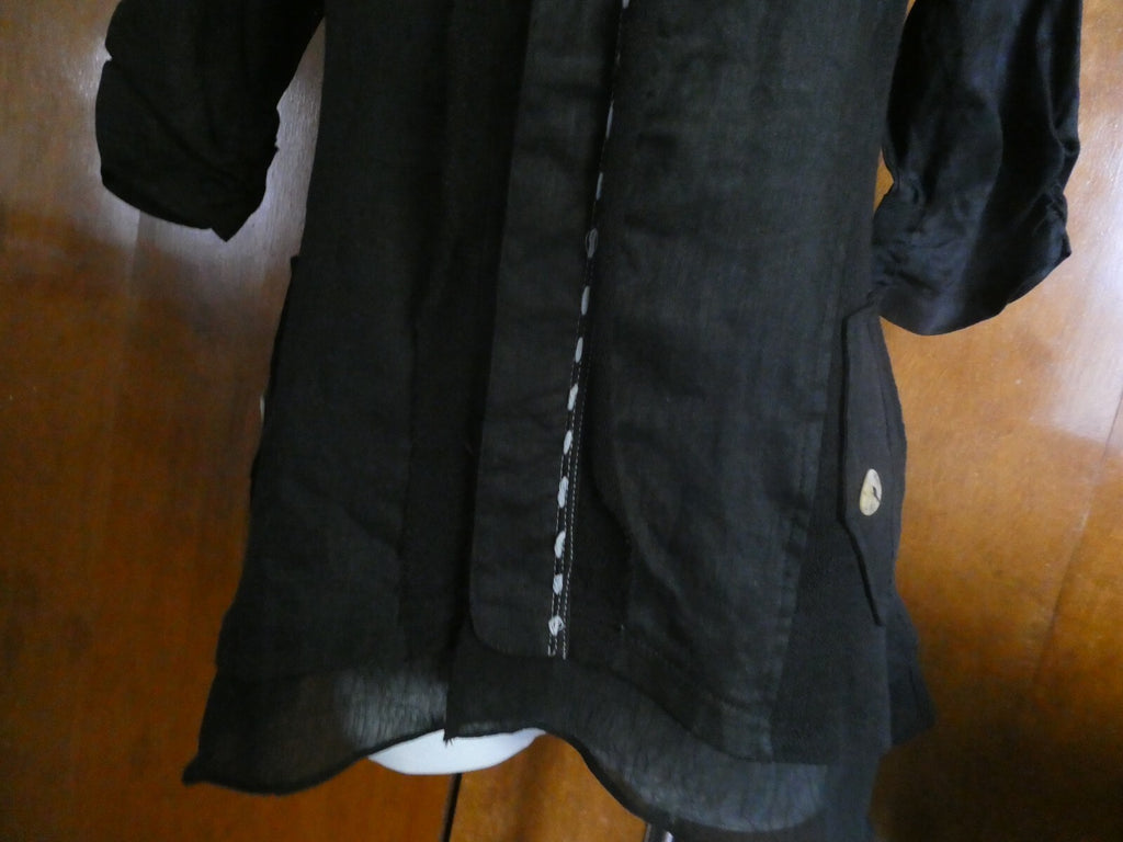 Pink Phoenix Women Black 100% Linen Small 3/4 Sleeve, Button Up, Semi Sheer Top
