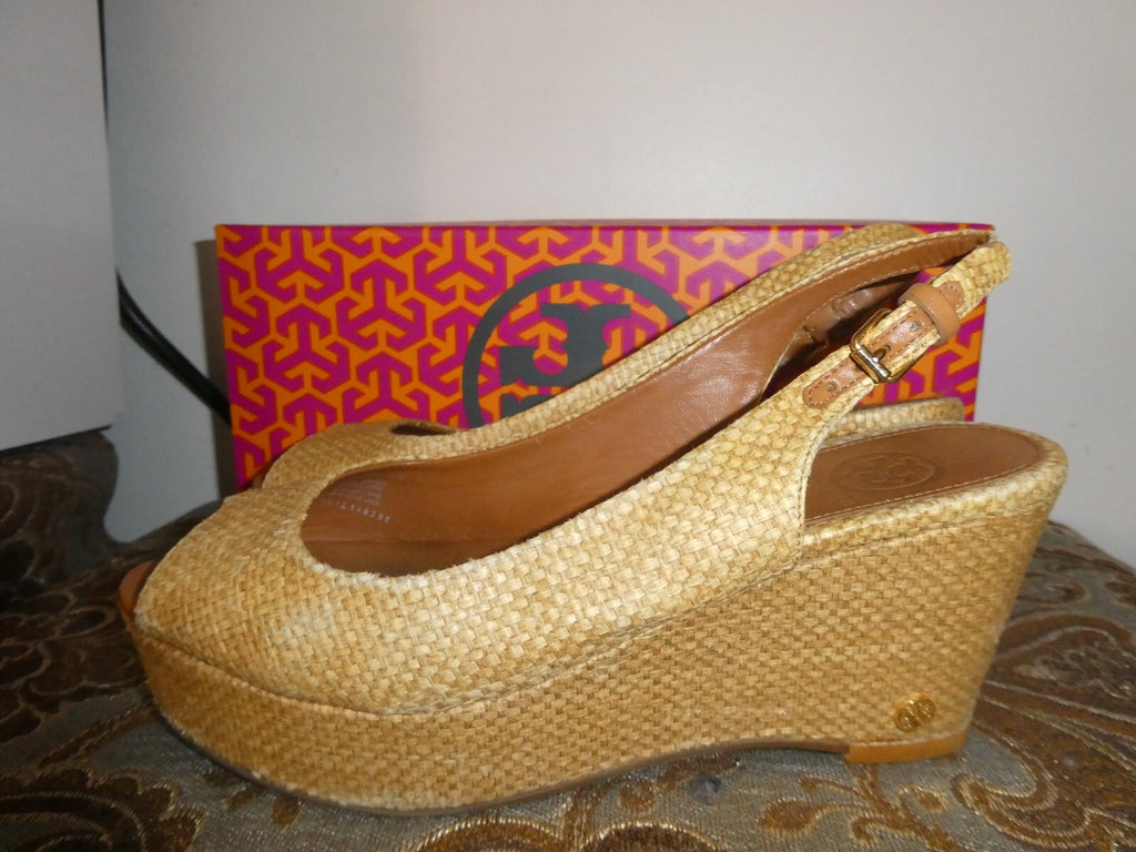 Tory Burch Textile Upper Leather Wedge Sandal Beige Size 7M