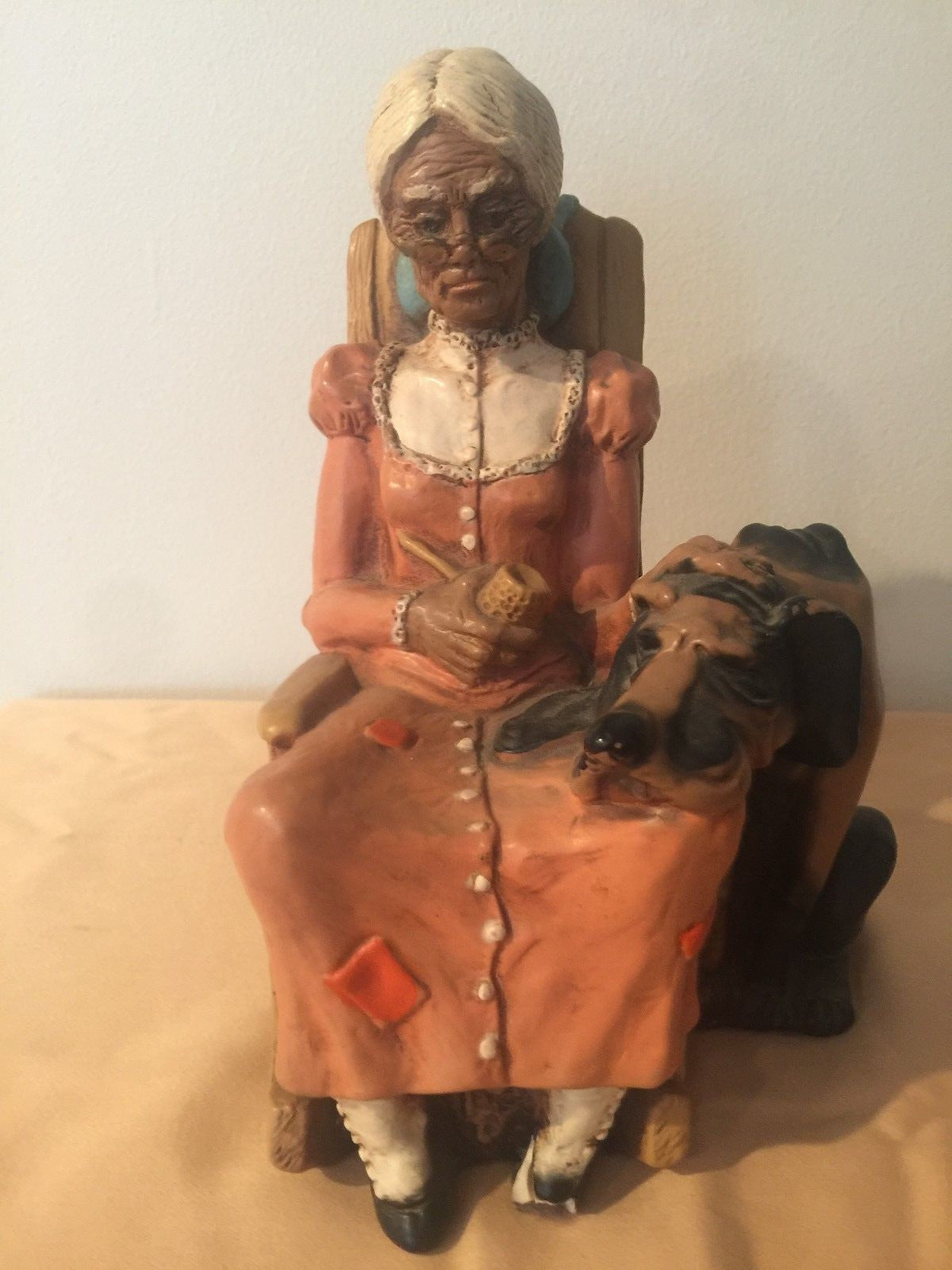 Vintage UNIVERSAL STATUARY 1979 Chalkware Ceramic Sculpture Grandma With Dog