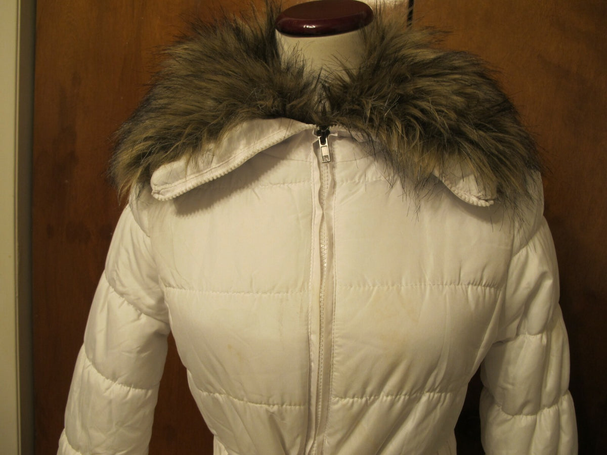 Black Rivet women's white belted zippered puff jacket faux collar size Small