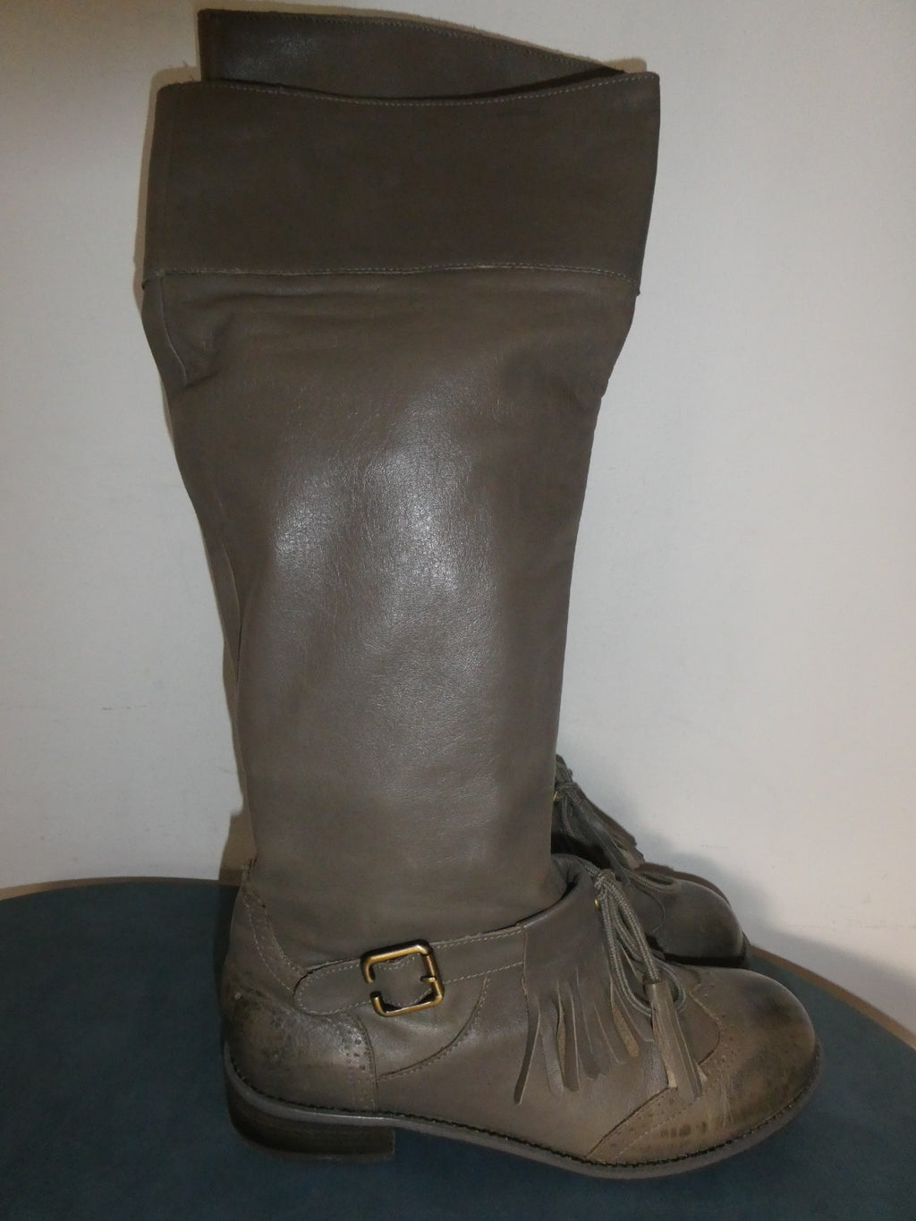 Lucky Penny Tall Fringe Boots Women’s 7.5B Gray Taupe Leather Knee High Boho