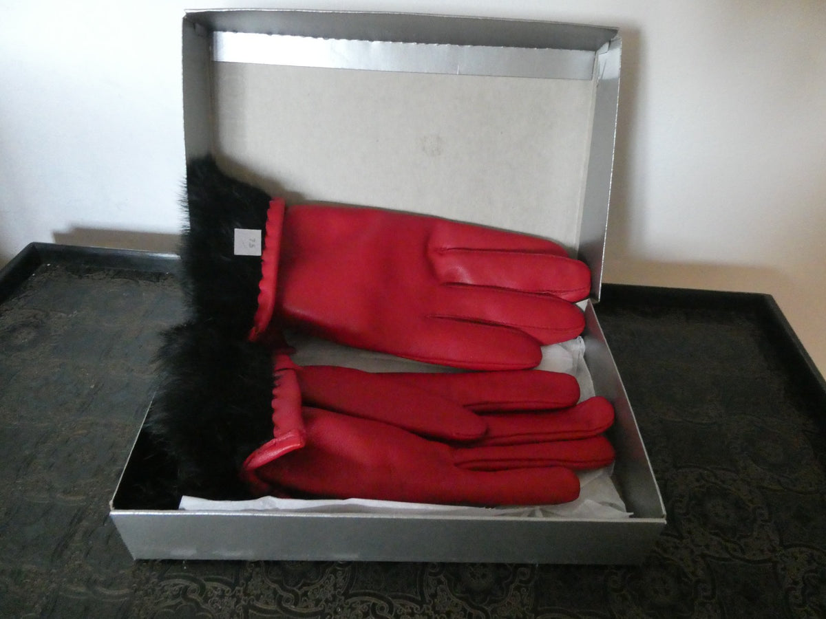 Vintage Charter Club Red Genuine Leather Gloves 7.5 Real Rabbit Fur Cuff New Box