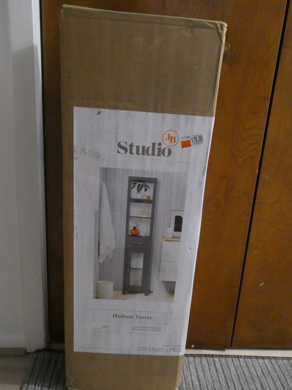 Studio 3B Hudson Tower Gray Bathroom Storage Cabinet 66.3" Tall w/ Drawer&Glass