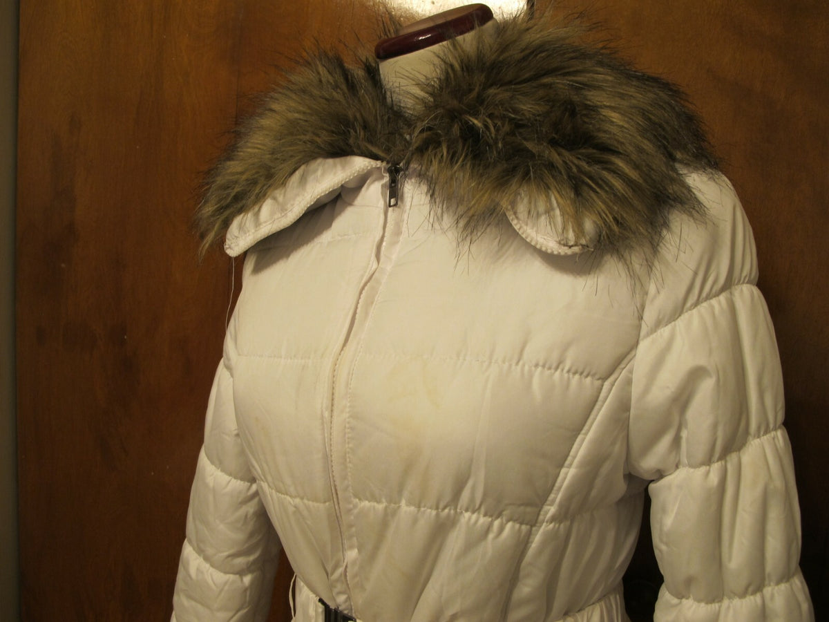 Black Rivet women's white belted zippered puff jacket faux collar size Small