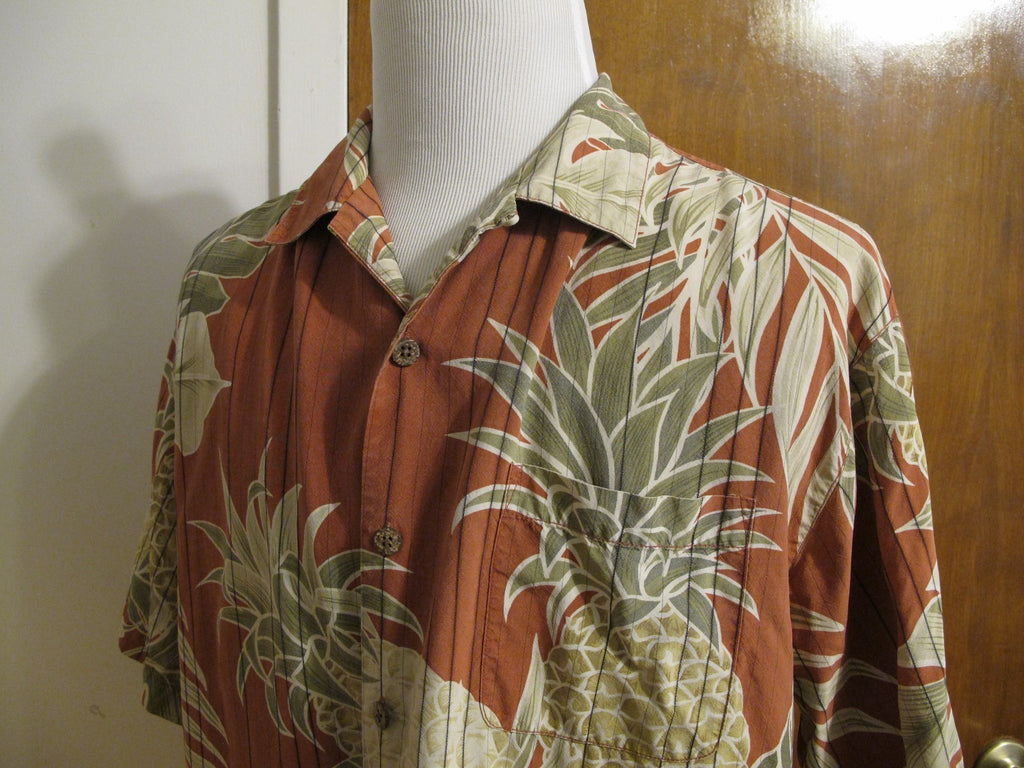 Tommy Bahama Men's Pre-Owned Silk Multi Color Pineapple Print Brown Shirt Large 