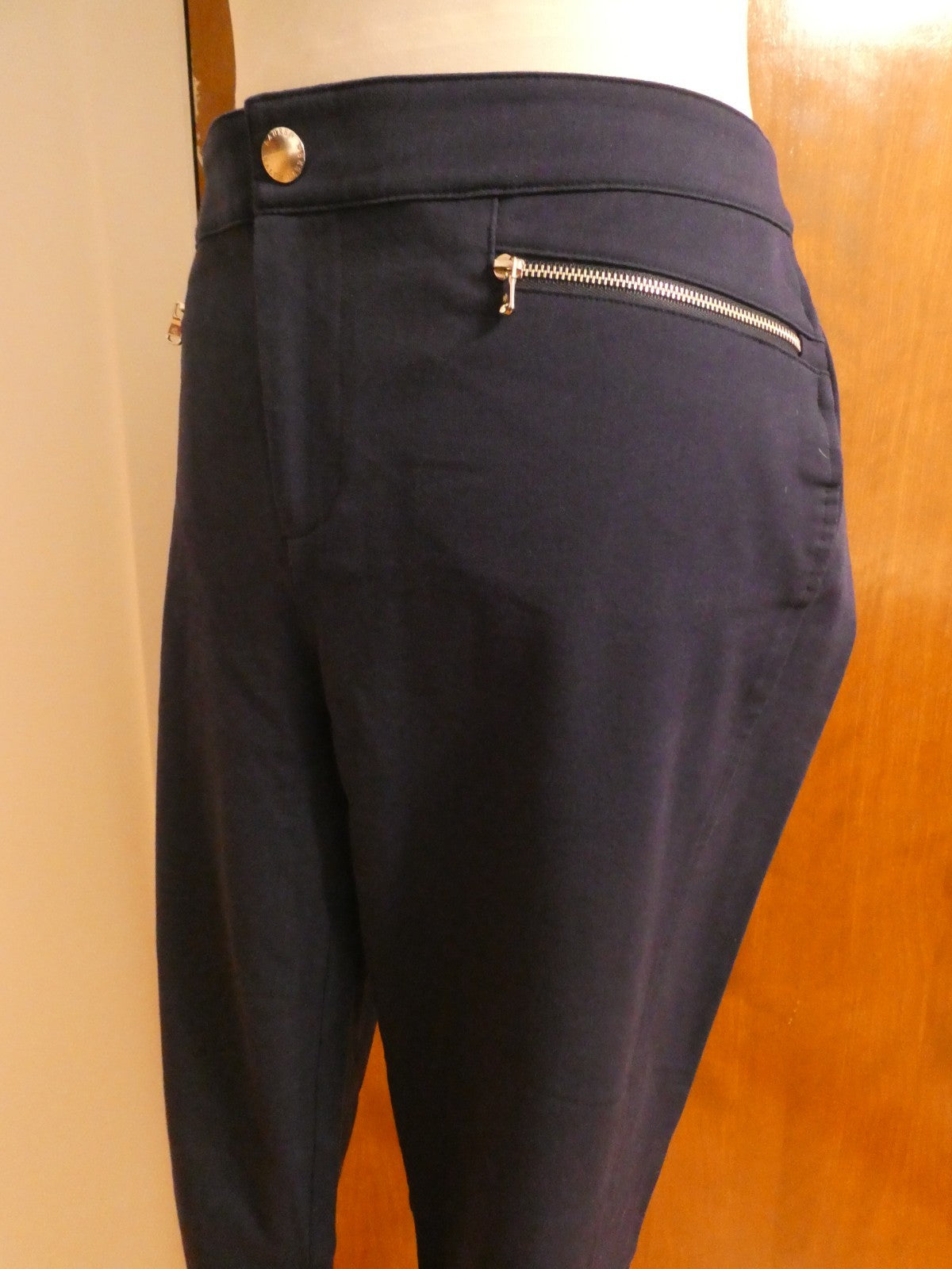 Ralph Lauren Women Navy-Blue Pants Size 14 Stretch Zip Pocket Slim Ankle Career