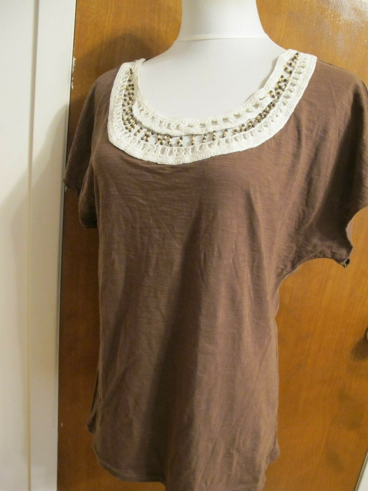 Calvin Klein Jeans women's brown  cotton trimmed beads decorated top Medium