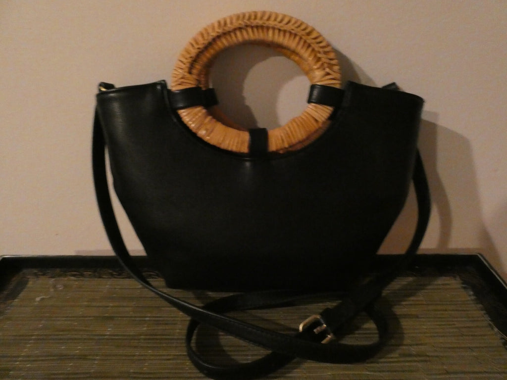 Anthropologie Black Small Rattan Handles Cross Shoulder Strap Handbag
