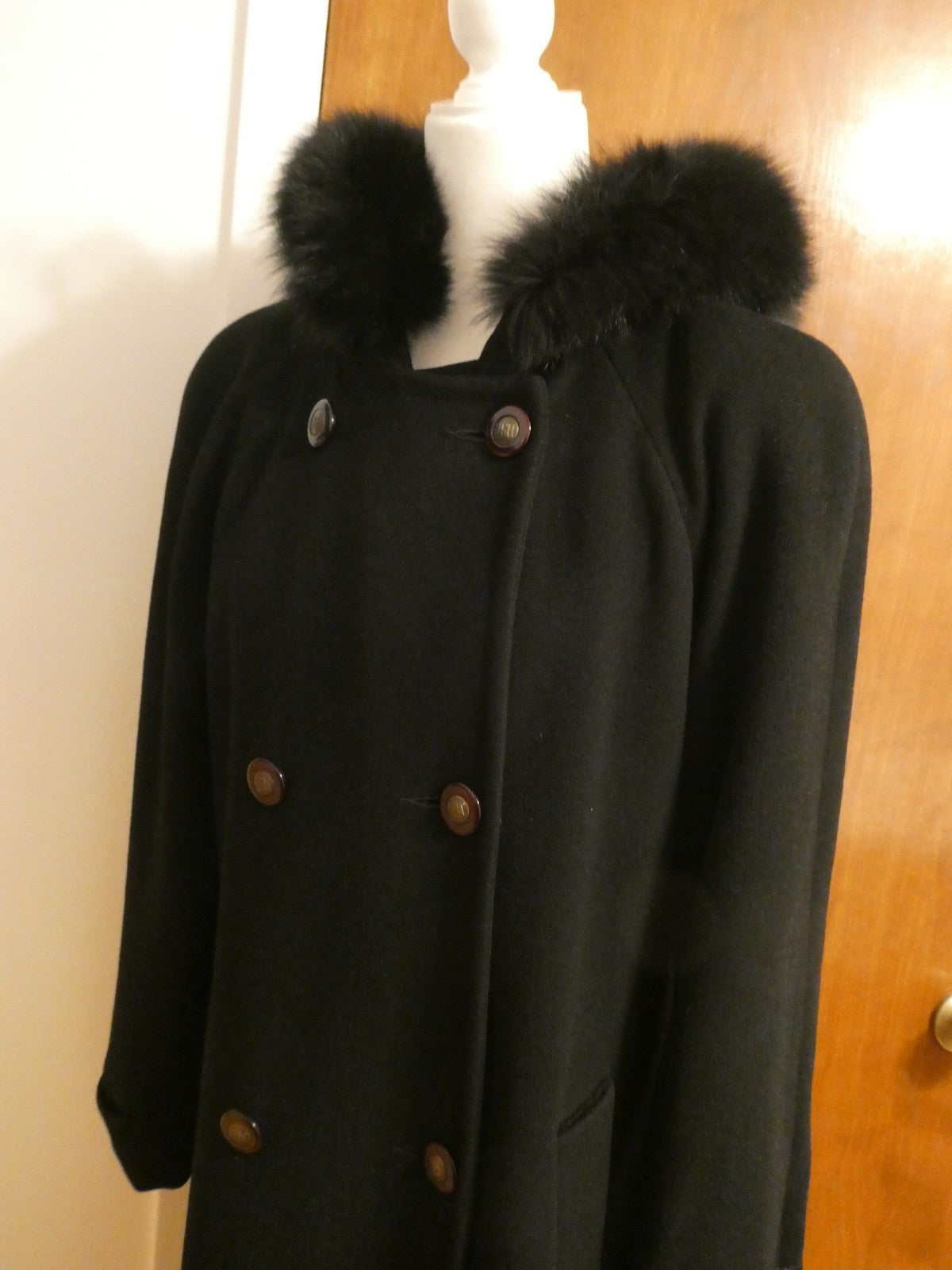 J.G HOOK Women Black 100% Wool A-Line Hood Fox Fur Trim Winter Coat 6 (fit 8-10)