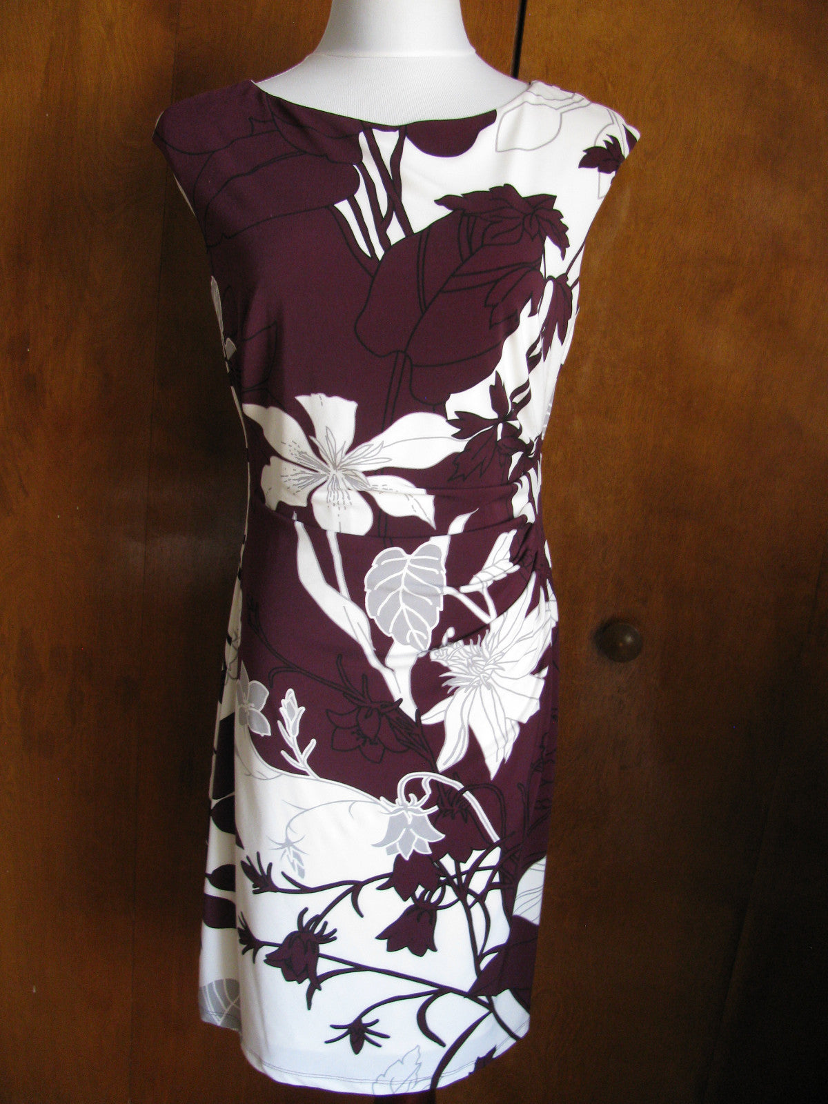 Ralph Lauren women’s burgundy bold floral lined stylish gathered dress New
